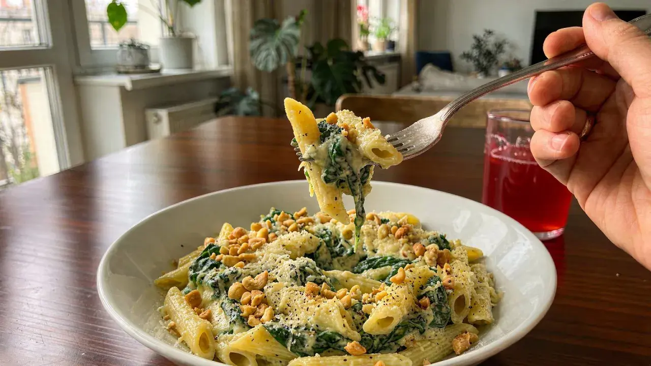 Penne z kremowym sosem, szpinak na gęsto i chrupiące orzeszki. Idealny obiad!