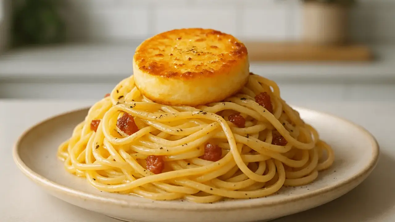 Pyszna carbonara z kawałkiem złocistego sera na wierzchu. Idealny wybór, jaki ser do carbonary? Ten na pewno!