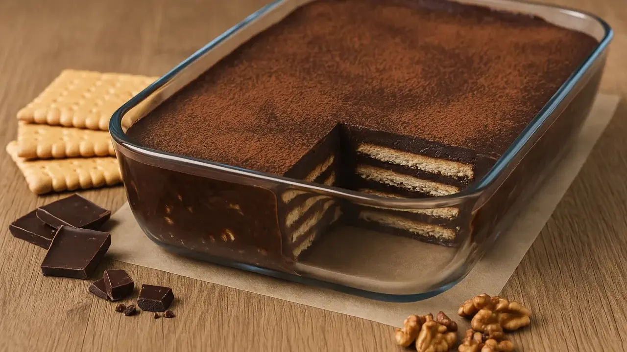 Pyszne ciasto bez pieczenia z warstwami herbatników i czekoladowego kremu, posypane kakao. Obok leżą herbatniki, kawałki czekolady i orzechy włoskie.
