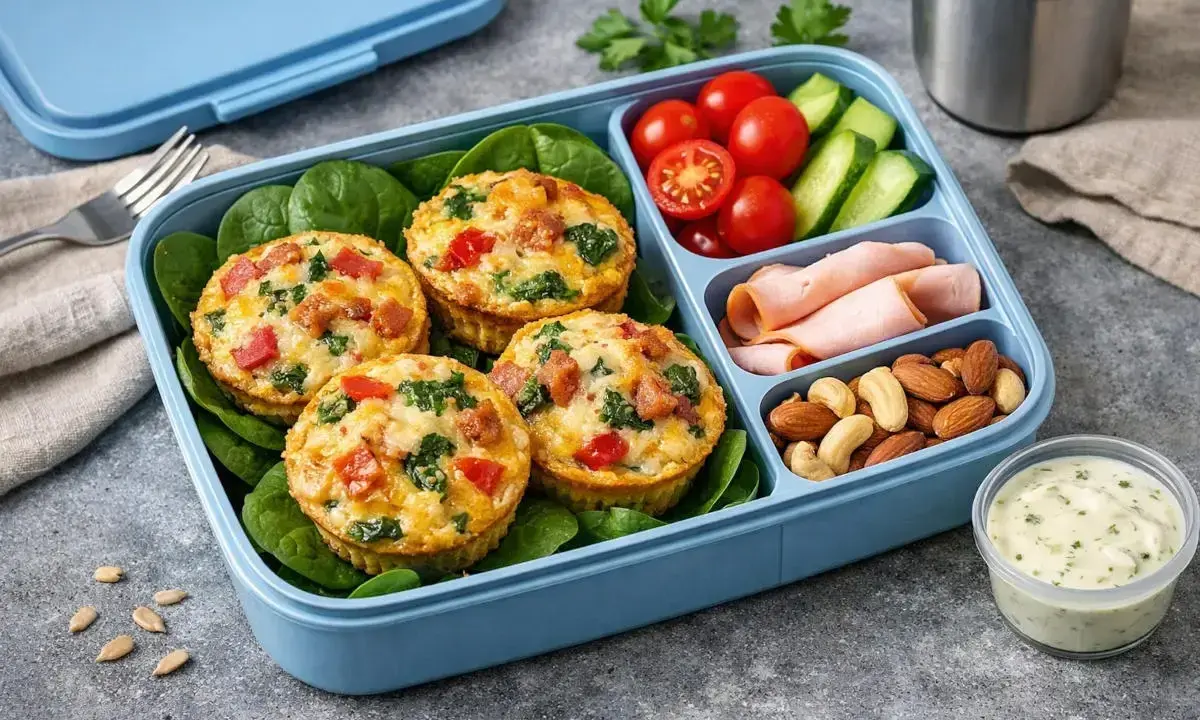 Pyszne muffinki jajeczne ze szpinakiem i papryką to idealne co do pracy zamiast kanapek. Obok pomidorki, ogórek, szynka i orzechy.
