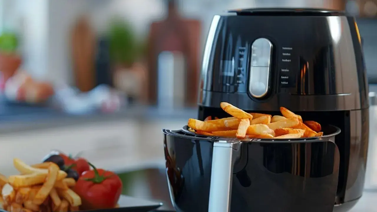 Frytki z frytkownicy beztłuszczowej, idealne do wypróbowania nowych air fryer przepisy. Obok talerz z frytkami, pomidorkami i oliwkami.