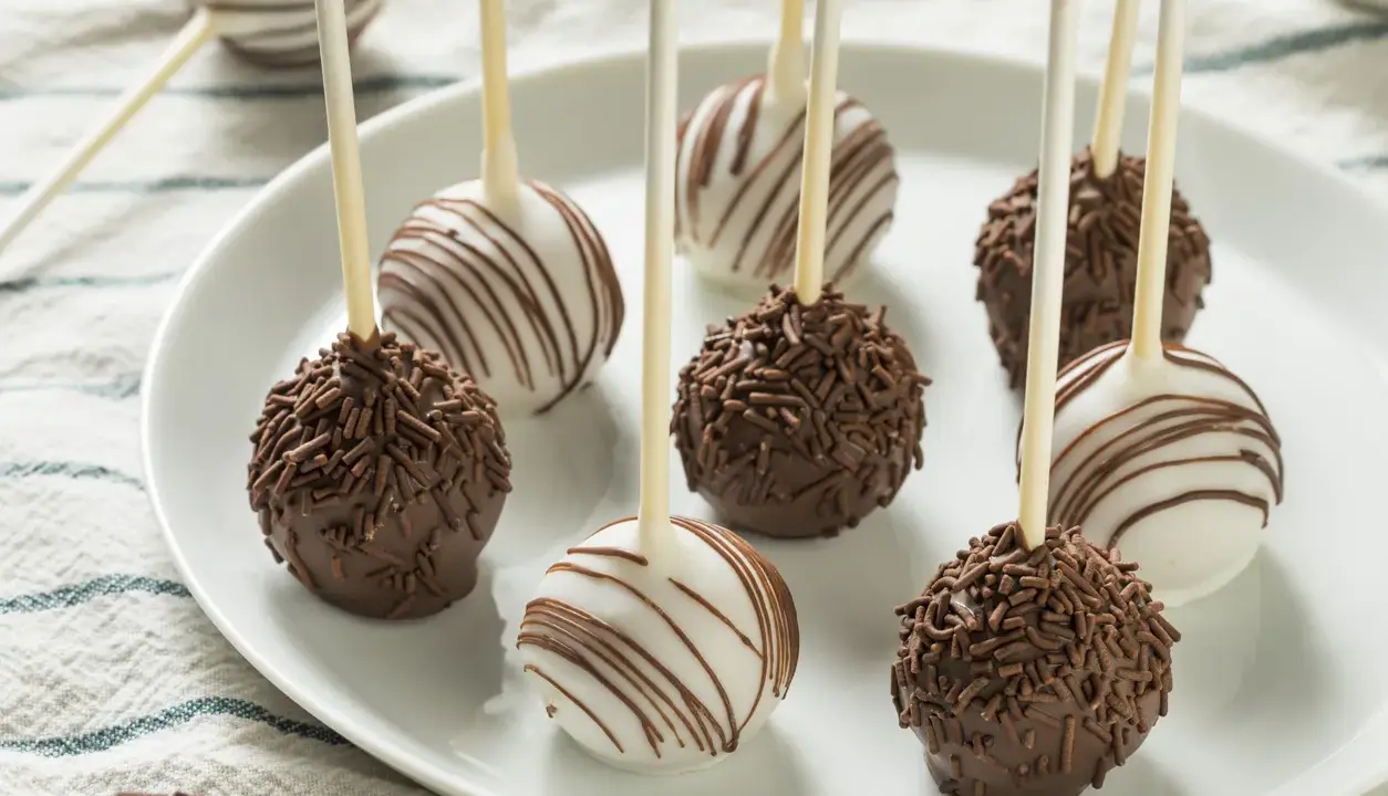 Pyszne cake pops przepis na talerzu: czekoladowe z posypką i białe z polewą.