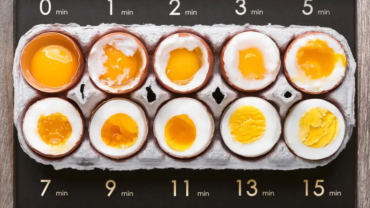 Jak długo gotować jajka? Zobacz, jak zmienia się konsystencja żółtka i białka od 0 do 15 minut.