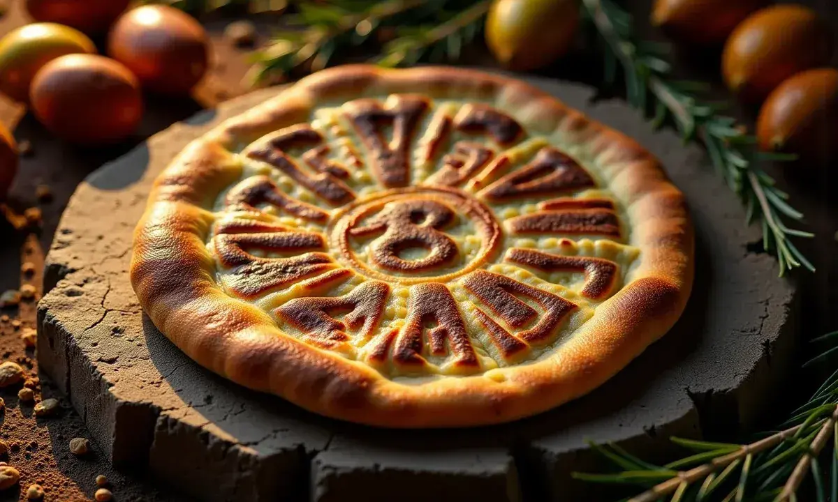 Oto pizza z napisem "Skąd pochodzi pizza", ozdobiona ziołami i jajkami.