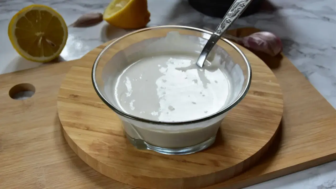 Kremowy sos aioli w szklanej miseczce, obok cytryny i czosnku. Idealny dodatek do dań.