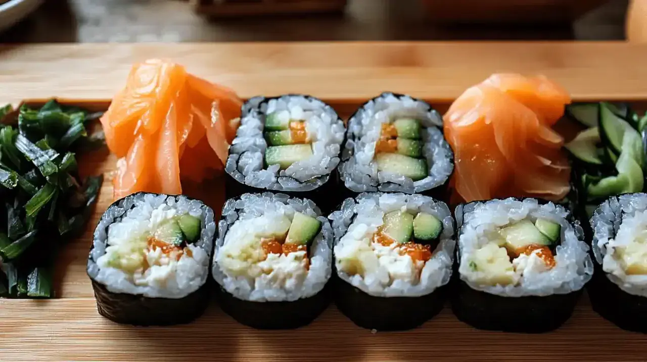 Pyszne sushi z łososiem, ogórkiem i awokado. Idealne dodatki do sushi to marynowany imbir i wodorosty wakame.