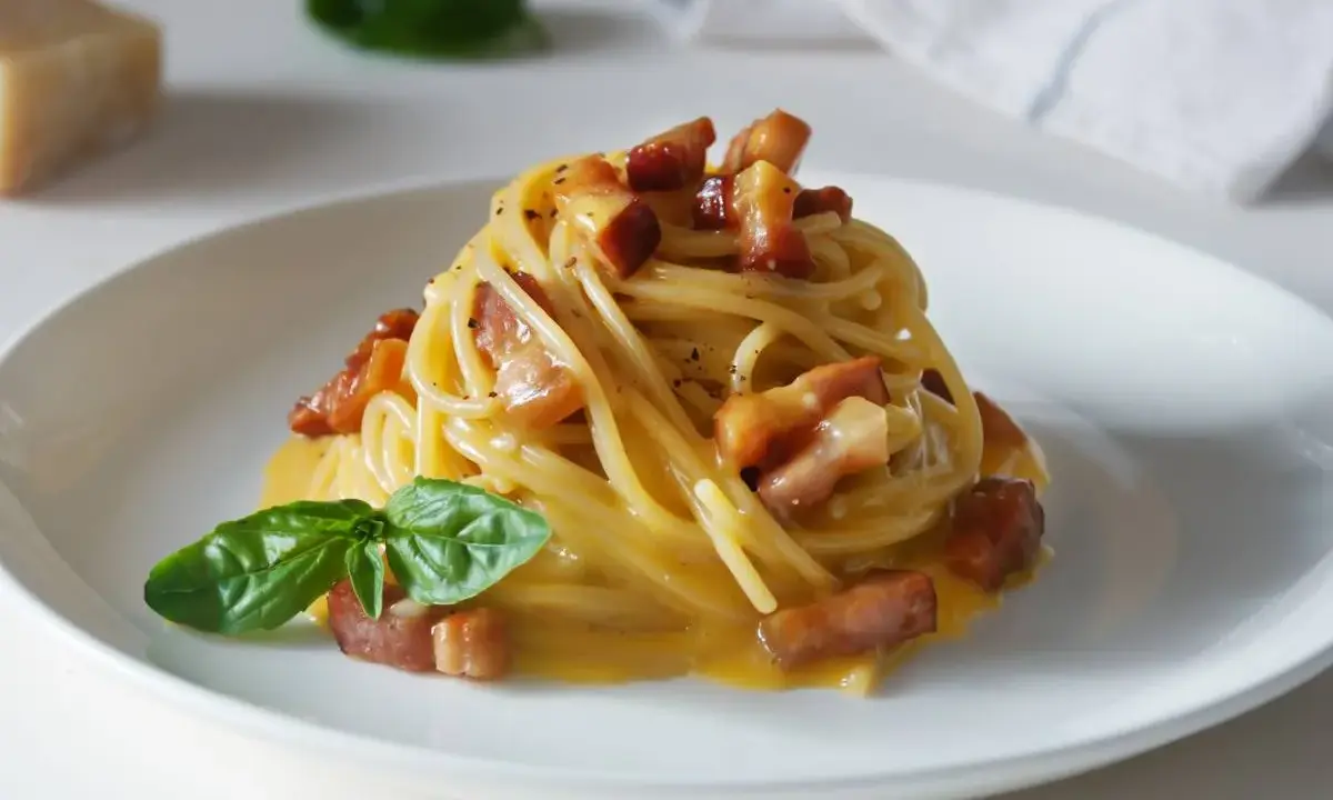 Pyszna carbonara z chrupiącym boczkiem i kremowym sosem, gdzie kluczową rolę gra ser.