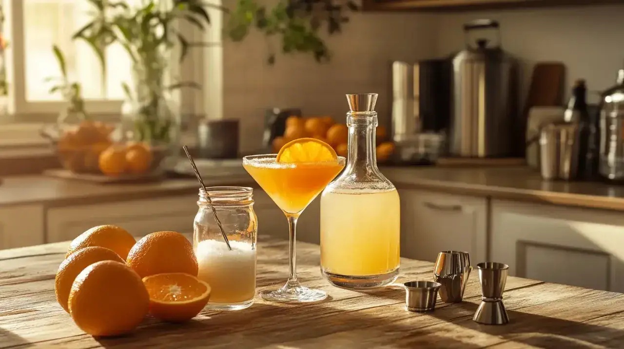 Orzeźwiający drink z likierem pomarańczowym, świeże pomarańcze i składniki do jego przygotowania na drewnianym blacie.