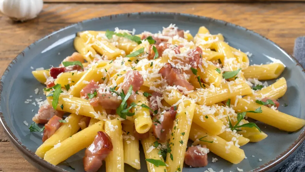Penne rigate z chrupiącym boczkiem, posypane parmezanem i natką pietruszki. Pyszne makaron z boczkiem na talerzu.
