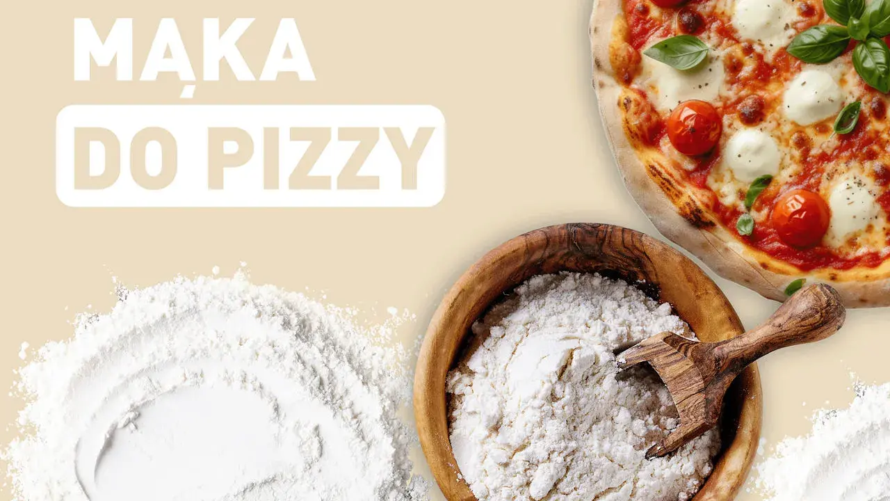 Idealna mąka do pizzy: biała, sypka, w drewnianej misce, obok gotowej margherity.