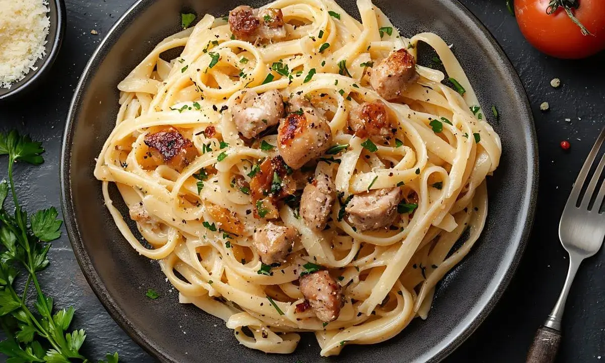 Pyszne fettuccine z kawałkami kurczaka i posiekaną natką pietruszki. Idealne co do spaghetti, gdy masz ochotę na coś sycącego.