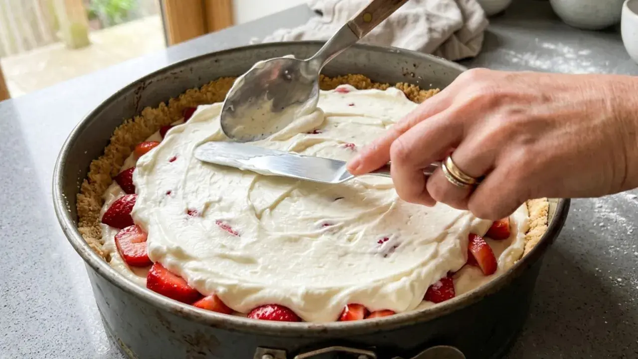 Nakładanie kremu z mascarpone na spód z truskawkami w tortownicy.