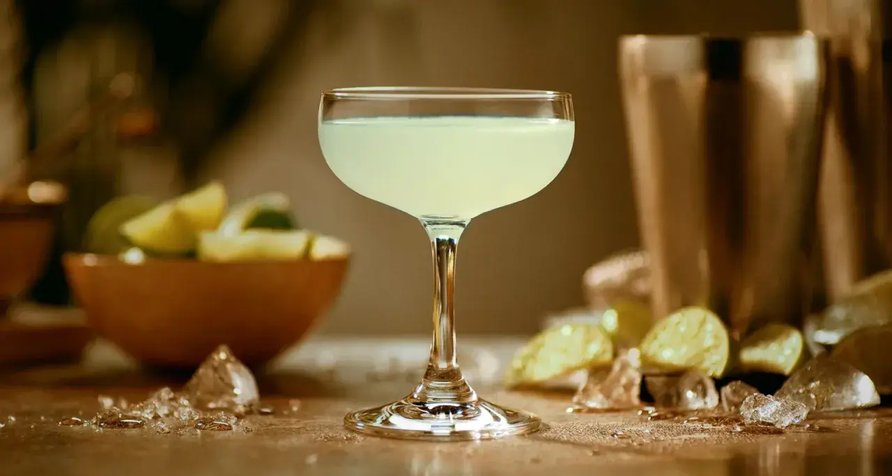 Orzeźwiający daiquiri w kieliszku, obok limonki i lodu. Idealny na upalne dni.