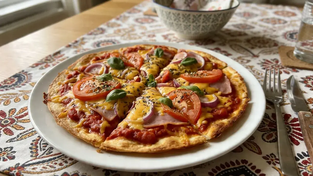 Pyszna pizza na tortilli z pomidorami, cebulą, szynką i serem, ozdobiona bazylią. Idealna na szybki obiad.