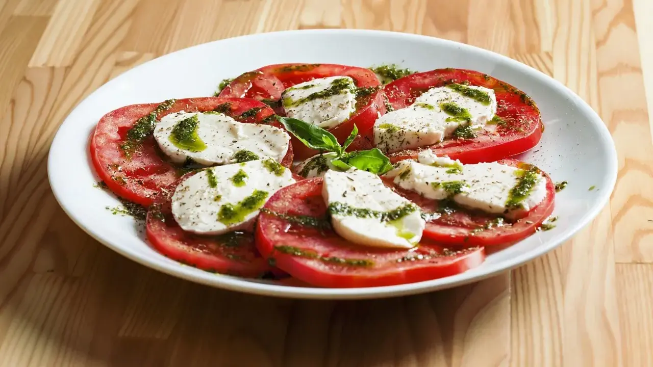 Sałatka caprese z pomidorów i mozzarelli, polana pesto. Idealne zdrowe przekąski na lato.