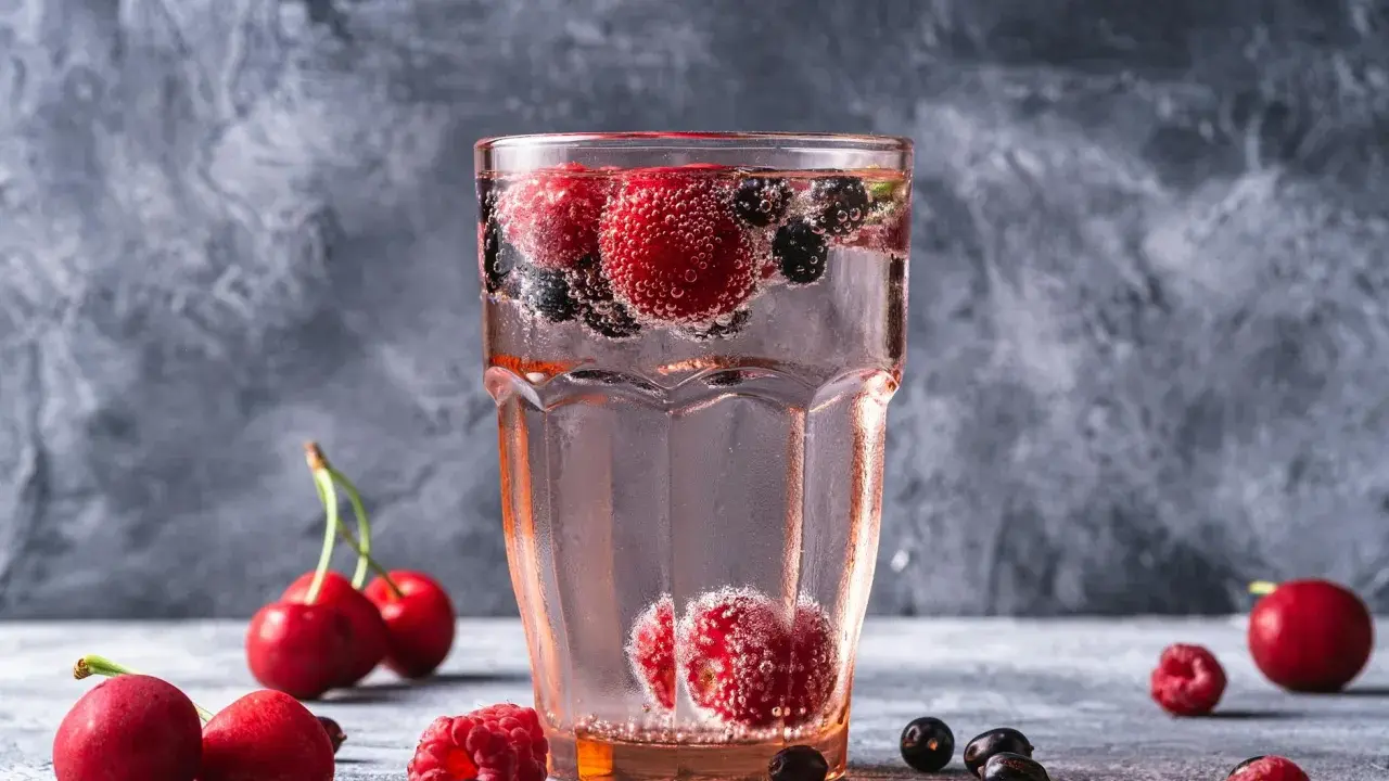 Orzeźwiający drink z wódką malinową, pełen malin, wiśni i borówek, bąbelkuje w szklance.