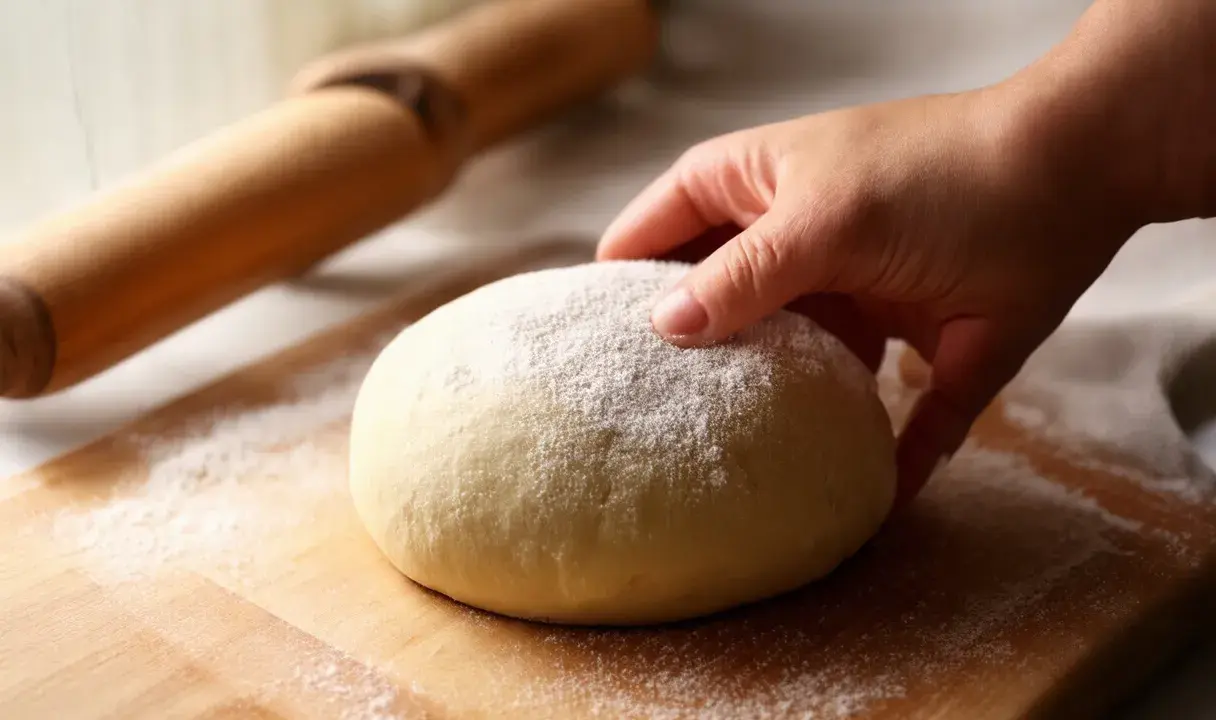Dłoń dotyka kulki ciasta na pizzę, posypanej mąką. Obok wałek. Czy ciasto na pizzę można mrozić? Tak, można je zamrozić.