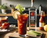 Krwawa Mary przepis: drink z lodem, cytryną i selerem, obok butelka wódki i sosu pomidorowego.