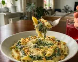 Penne z kremowym sosem, szpinak na gęsto i chrupiące orzeszki. Idealny obiad!