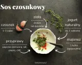 Przepis na sos czosnkowy: jogurt naturalny, czosnek, zioła, przyprawy i opcjonalnie majonez.