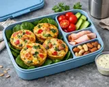 Pyszne muffinki jajeczne ze szpinakiem i papryką to idealne co do pracy zamiast kanapek. Obok pomidorki, ogórek, szynka i orzechy.