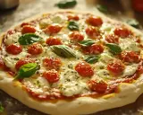 Pyszna pizza z pomidorkami i mozzarellą w zalewie, która nadaje się idealnie do pizzy, z listkami bazylii.
