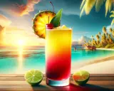 Tropikalny drink z ananasem, wiśnią i limonkami na tle rajskiej plaży o zachodzie słońca.