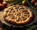 Oto pizza z napisem "Skąd pochodzi pizza", ozdobiona ziołami i jajkami.