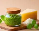 Słoiczek domowego **pesto bazyliowego** z kawałkiem parmezanu i świeżymi listkami bazylii na drewnianej desce.