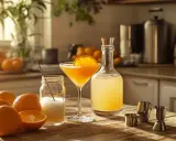 Orzeźwiający drink z likierem pomarańczowym, świeże pomarańcze i składniki do jego przygotowania na drewnianym blacie.