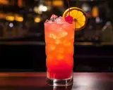Kolorowy drink z lodem, ozdobiony plasterkiem pomarańczy i wisienką. Idealny przykład drinków z shakera, gotowy do podania.
