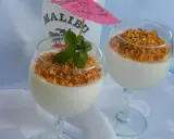 Dwa pucharki z deserem na bazie **malibu z mlekiem zagęszczonym**, posypane wiórkami kokosowymi i ozdobione miętą.