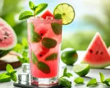 Letni arbuzowy mohito: jak zrobic ten orzeźwiający napój? W szklance kawałki arbuza, mięta, lód i plasterek limonki.