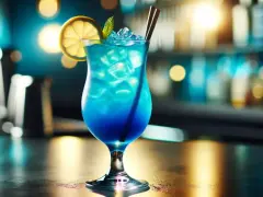 Orzeźwiający blue lagoon drink z lodem, cytryną i miętą, podany w eleganckim kieliszku na tle rozmytego baru.