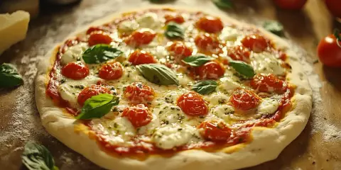 Pyszna pizza z pomidorkami i mozzarellą w zalewie, która nadaje się idealnie do pizzy, z listkami bazylii.