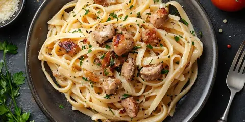 Pyszne fettuccine z kawałkami kurczaka i posiekaną natką pietruszki. Idealne co do spaghetti, gdy masz ochotę na coś sycącego.