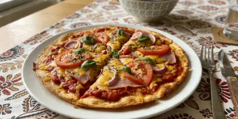 Pyszna pizza na tortilli z pomidorami, cebulą, szynką i serem, ozdobiona bazylią. Idealna na szybki obiad.