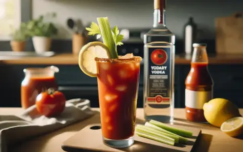 Krwawa Mary przepis: drink z lodem, cytryną i selerem, obok butelka wódki i sosu pomidorowego.
