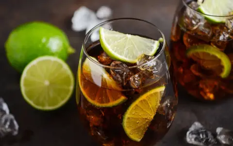 Orzeźwiający Cuba Libre z kostkami lodu i plasterkami limonki, gotowy do wypicia.