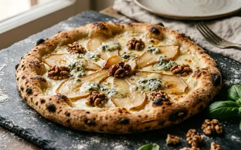 Wykwintna pizza bianca z gruszką, orzechami włoskimi i serem pleśniowym, idealna na wyjątkowy wieczór.