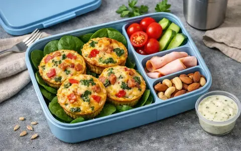Pyszne muffinki jajeczne ze szpinakiem i papryką to idealne co do pracy zamiast kanapek. Obok pomidorki, ogórek, szynka i orzechy.