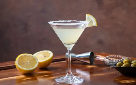 Orzeźwiające drinki z martini bianco, ozdobione cytryną i solą, obok świeżych cytryn i oliwek.