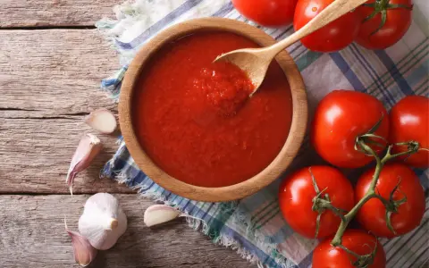 Domowy sos do pizzy z koncentratu, czosnek i świeże pomidory na drewnianym blacie.