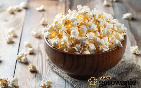 Pyszny popcorn w drewnianej misce, rozsypany na stole. Czy da się zrobić popcorn w piekarniku? Tak, i wygląda równie apetycznie!