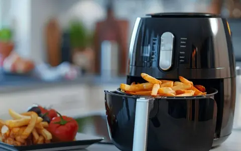 Frytki z frytkownicy beztłuszczowej, idealne do wypróbowania nowych air fryer przepisy. Obok talerz z frytkami, pomidorkami i oliwkami.