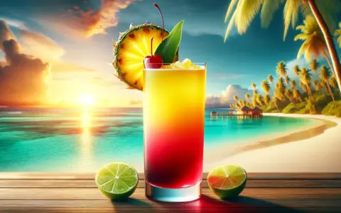 Tropikalny drink z ananasem, wiśnią i limonkami na tle rajskiej plaży o zachodzie słońca.