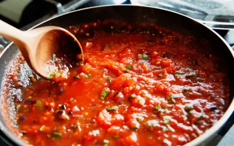 Gęsty, aromatyczny sos do spaghetti gotuje się na patelni. Drewniana łyżka miesza pomidorową masę z ziołami.