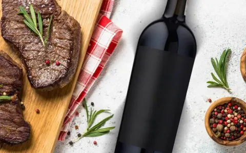 Idealne jakie wino do steka? Soczyste steki na desce, butelka czerwonego wina i przyprawy.