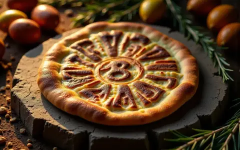 Oto pizza z napisem "Skąd pochodzi pizza", ozdobiona ziołami i jajkami.
