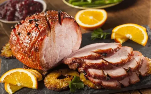Marynowanie szynki do pieczenia: soczysta, pieczona szynka z pomarańczą, ananasem i żurawiną.